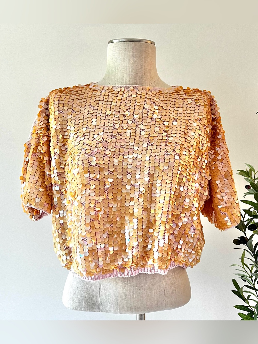 Vintage peachy orange Sequin baby pink Short Sleeve Top